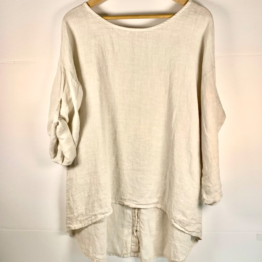 Boho chic 100% Linen Made in Italy tan/beige high low top buttons spring/beach - Picture 2 of 16